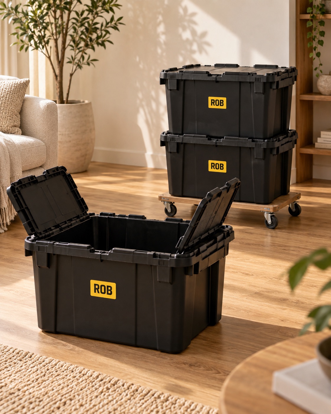 Rent Our Bins stacked, packed, and ready for pickup